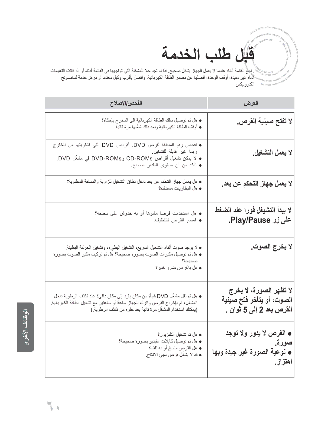 Samsung MM-D430D/UM manual ةمدخلا بلط لبق, ناوث 5 ىلإ 2 دعب صرقلا, دجوت لاو رودي لا صرقلا, دعب نع مكحتلا زاهج لمعي لا 