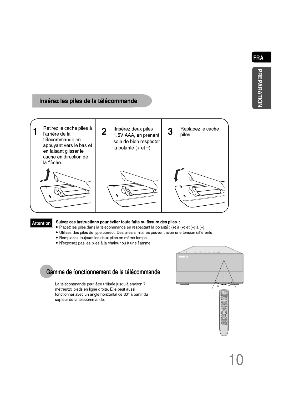 Samsung MM-D430D/ZF, MM-D430D/RU manual Gamme de fonctionnement de la télécommande, Soin de bien respecter la polarité + et 