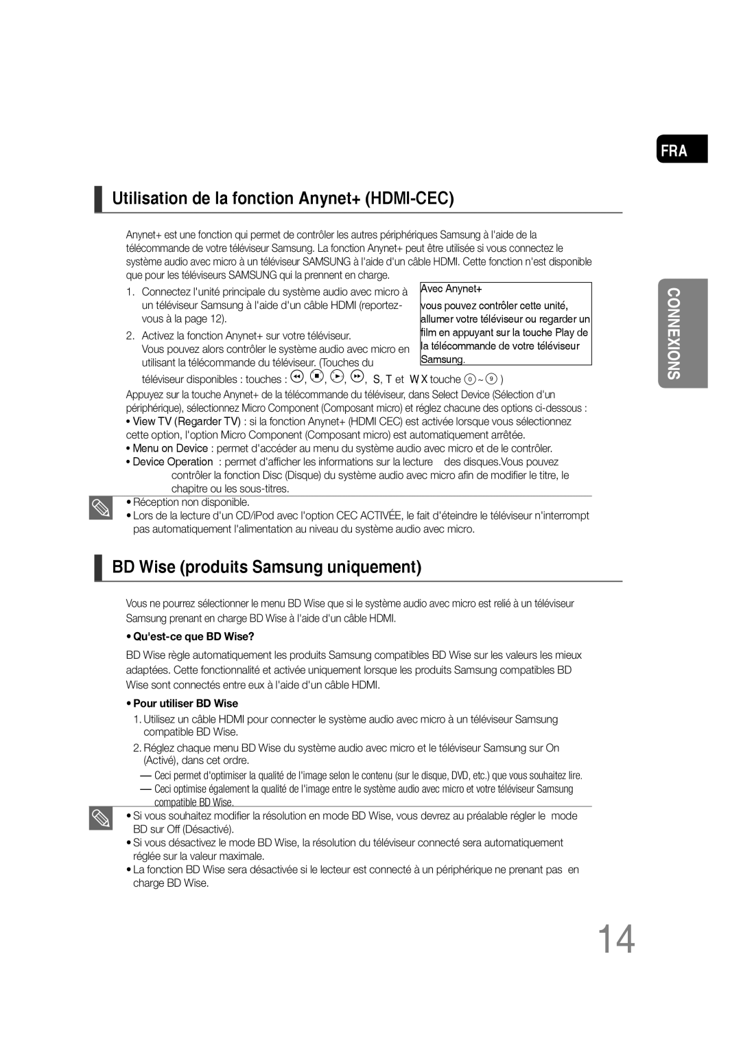 Samsung MM-D430D/ZF, MM-D430D/RU manual Utilisation de la fonction Anynet+ HDMI-CEC, BD Wise produits Samsung uniquement 