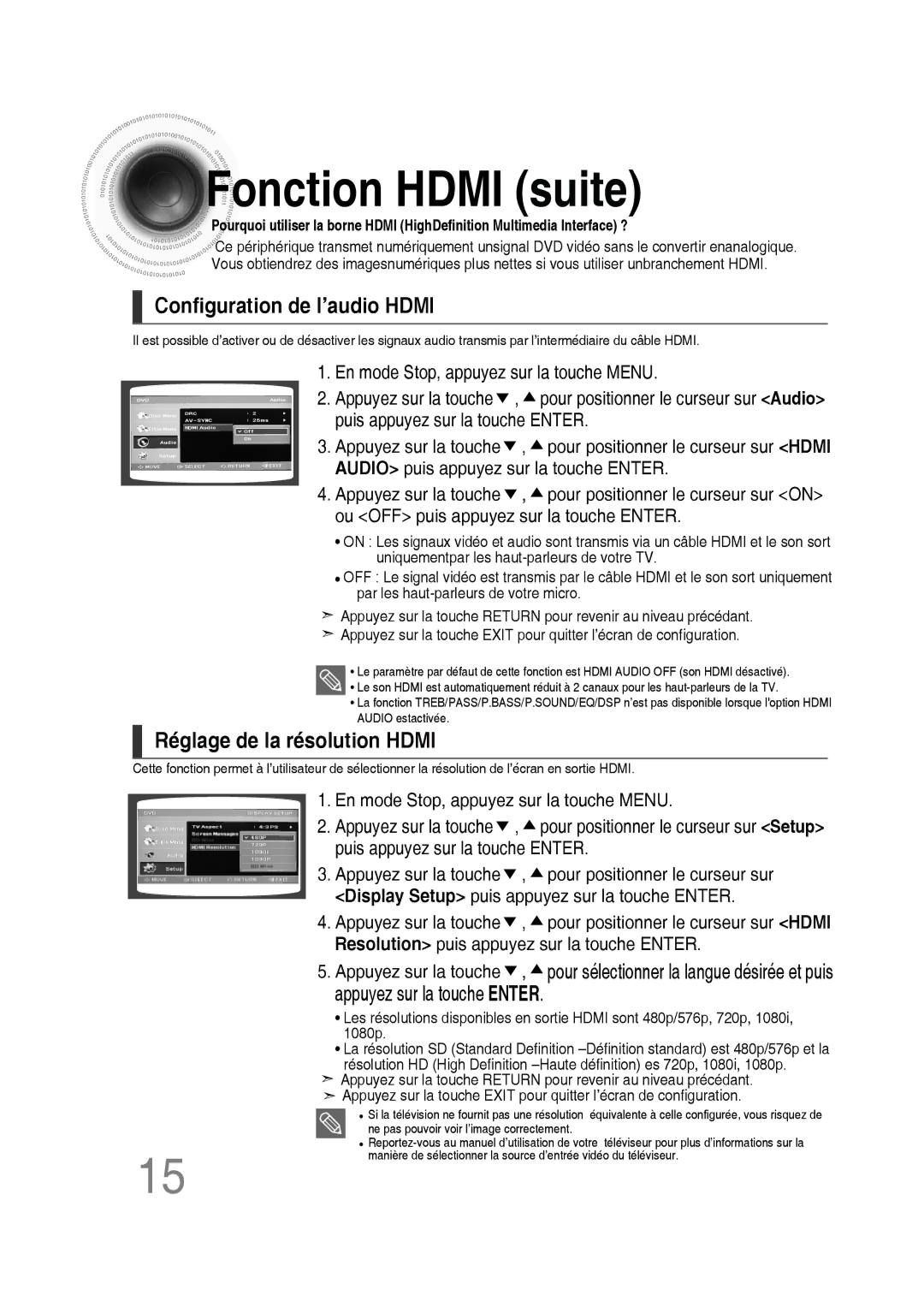 Samsung MM-D430D/RU, MM-D430D/ZF manual Fonction Hdmi suite, Configuration de l’audio Hdmi, Réglage de la résolution Hdmi 