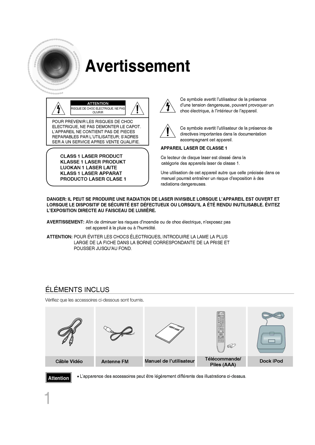 Samsung MM-D430D/RU, MM-D430D/ZF manual Avertissement, Appareil Laser DE Classe 