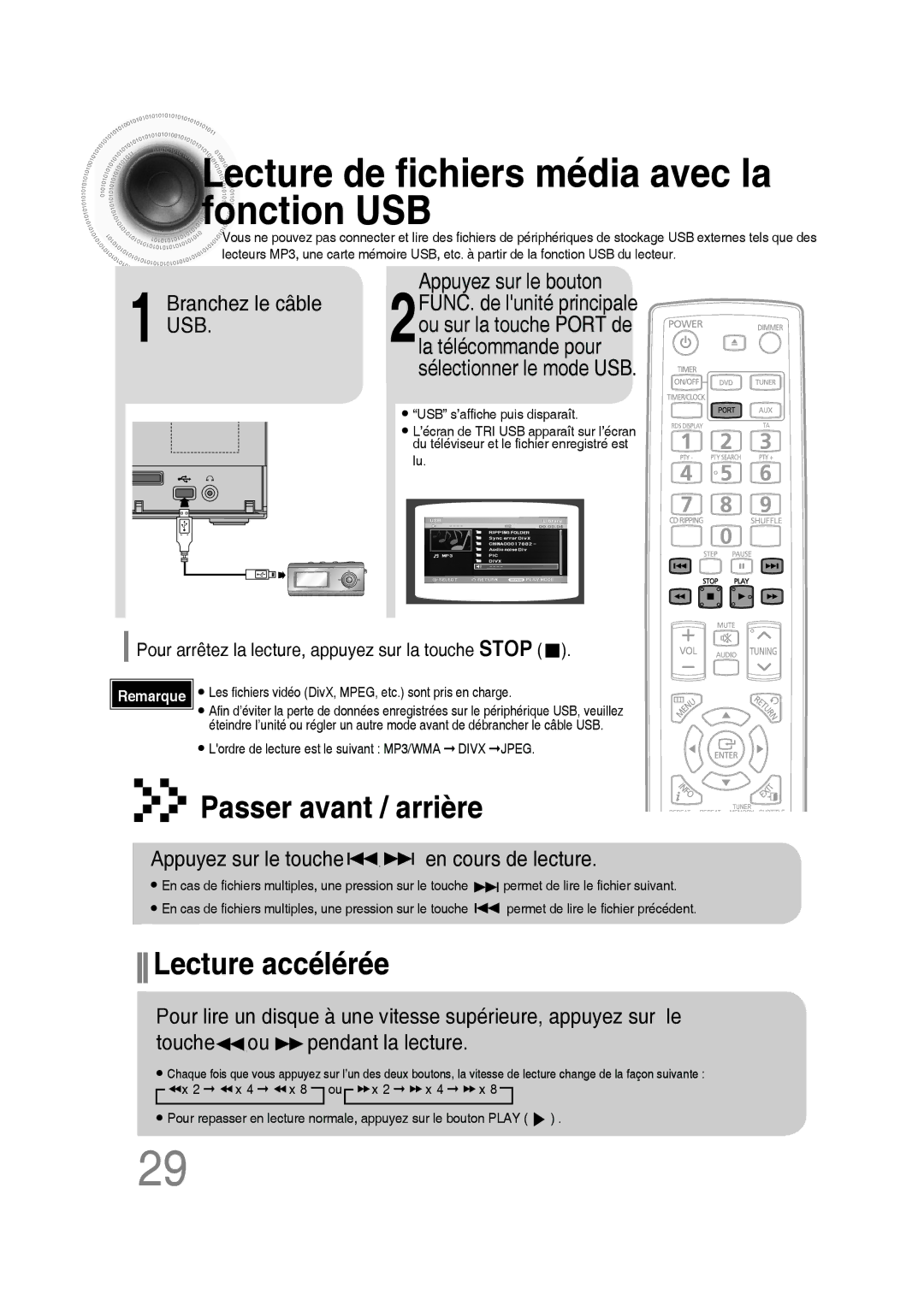 Samsung MM-D430D/RU, MM-D430D/ZF Passer avant / arrière, Lecture accélérée, Branchez le câble, Sélectionner le mode USB 