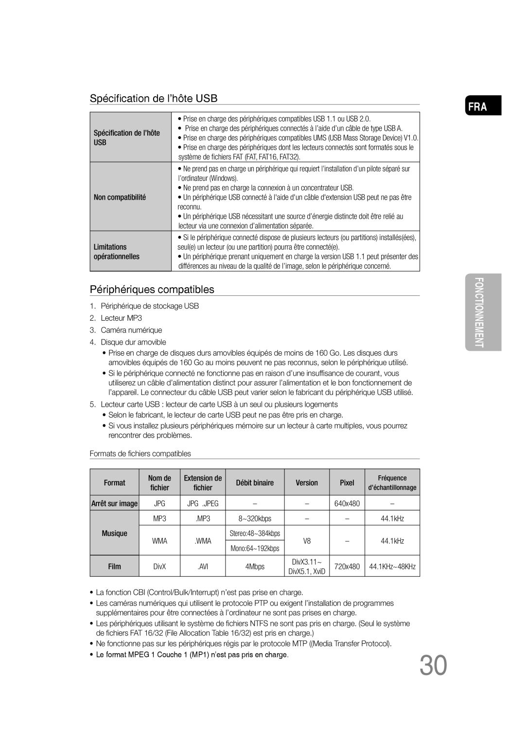 Samsung MM-D430D/ZF, MM-D430D/RU manual Spéciﬁcation de l’hôte USB, Périphériques compatibles 