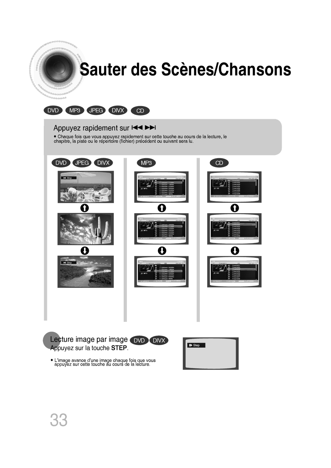 Samsung MM-D430D/RU, MM-D430D/ZF manual Appuyez rapidement sur, Lecture image par image DVD Divx, Appuyez sur la touche Step 