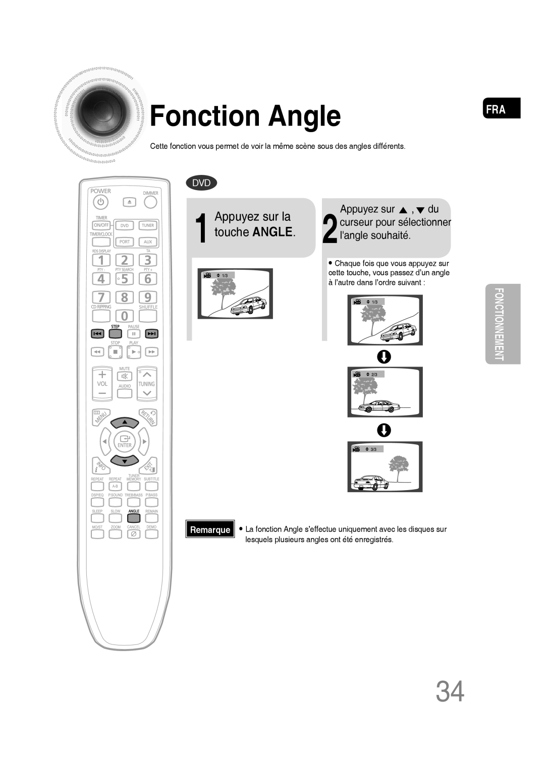 Samsung MM-D430D/ZF, MM-D430D/RU manual Fonction Angle, 1Appuyez sur la touche Angle, Appuyez sur , du 