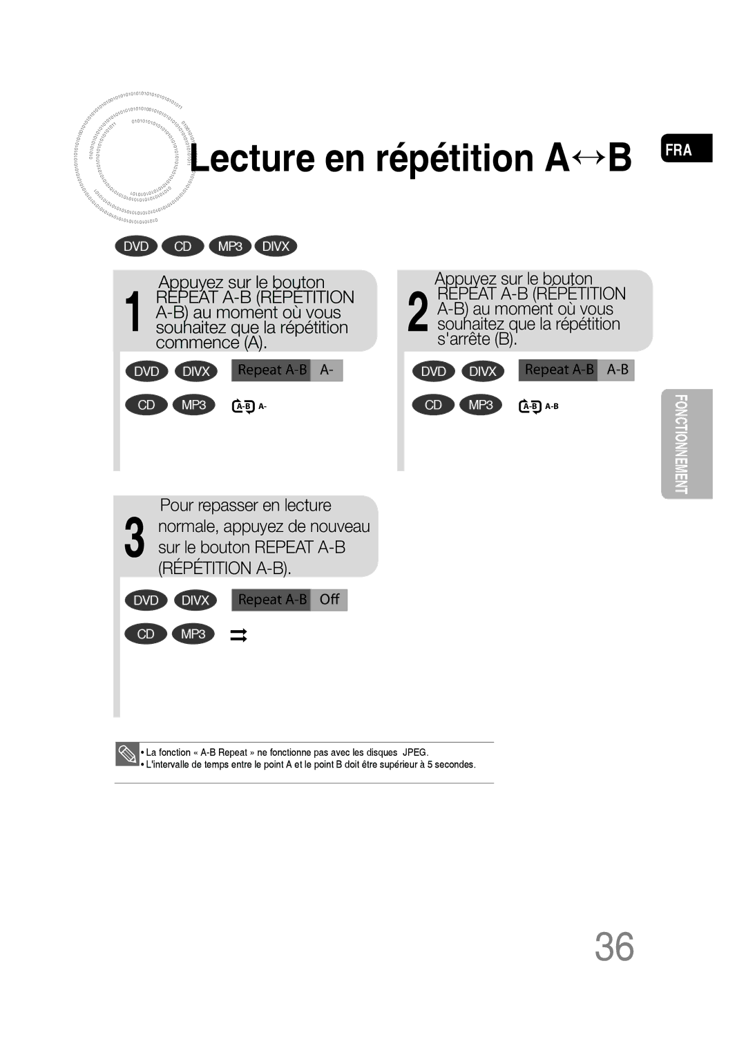 Samsung MM-D430D/ZF, MM-D430D/RU manual Lecture en répétition a B FRA 