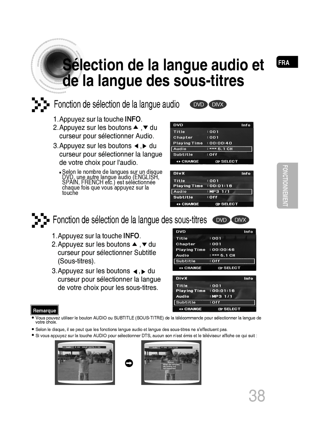 Samsung MM-D430D/ZF, MM-D430D/RU manual Sélection de la langue audio et de la langue des sous-titres 