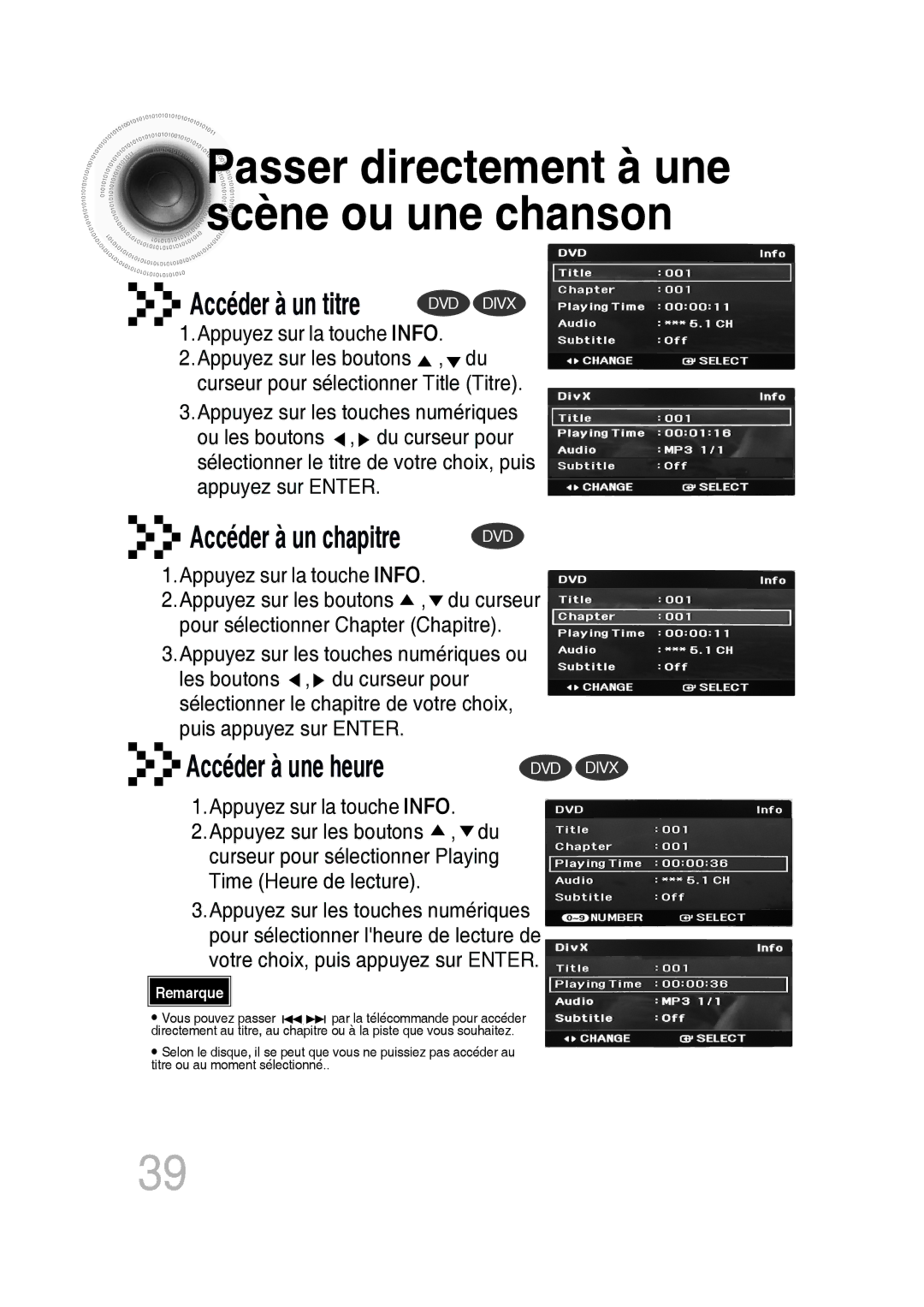 Samsung MM-D430D/RU, MM-D430D/ZF manual Passer directement à une scène ou une chanson, Accéder à une heure 