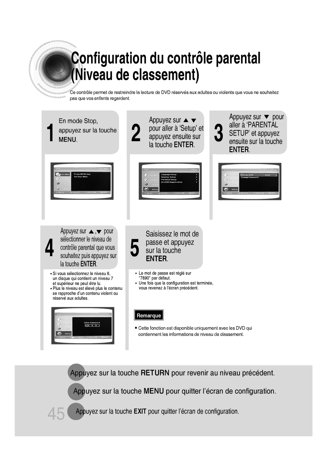 Samsung MM-D430D/RU, MM-D430D/ZF manual Saisissez le mot de, La touche Enter, Mode Stop, Appuyez sur la touche 