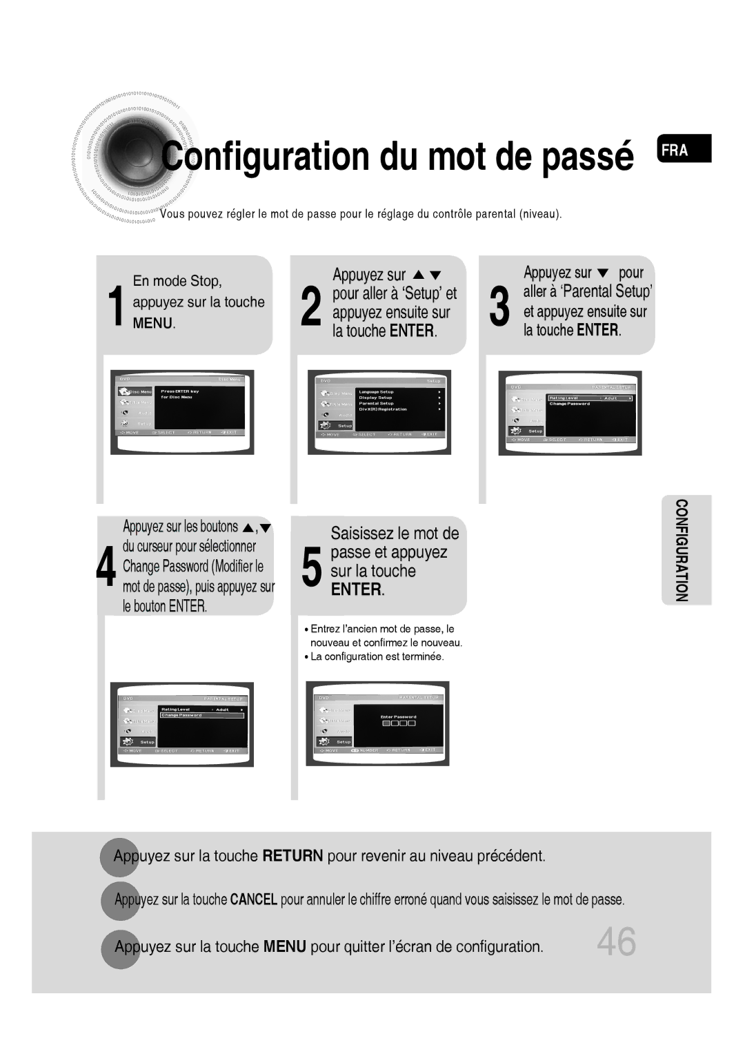 Samsung MM-D430D/ZF Configuration du mot de passé FRA, Appuyez sur, Pour aller à ‘Setup’ et, En mode Stop, La touche Enter 