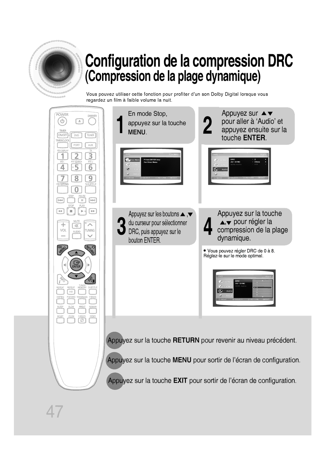 Samsung MM-D430D/RU, MM-D430D/ZF manual Touche Enter, Pour aller à ‘Audio’ et, Appuyez ensuite sur la 