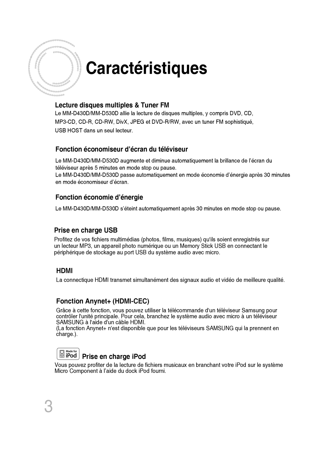 Samsung MM-D430D/RU, MM-D430D/ZF manual Caractéristiques, Lecture disques multiples & Tuner FM 