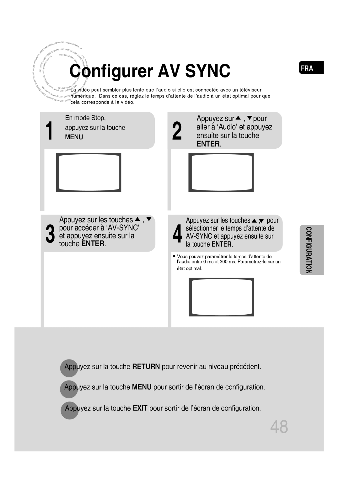 Samsung MM-D430D/ZF, MM-D430D/RU manual Configurer AV Sync, Et appuyez ensuite sur la touche Enter Appuyez sur , pour 