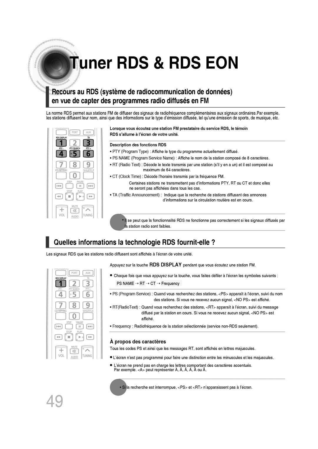 Samsung MM-D430D/RU Tuner RDS & RDS EON, Quelles informations la technologie RDS fournit-elle ?, Propos des caractères 