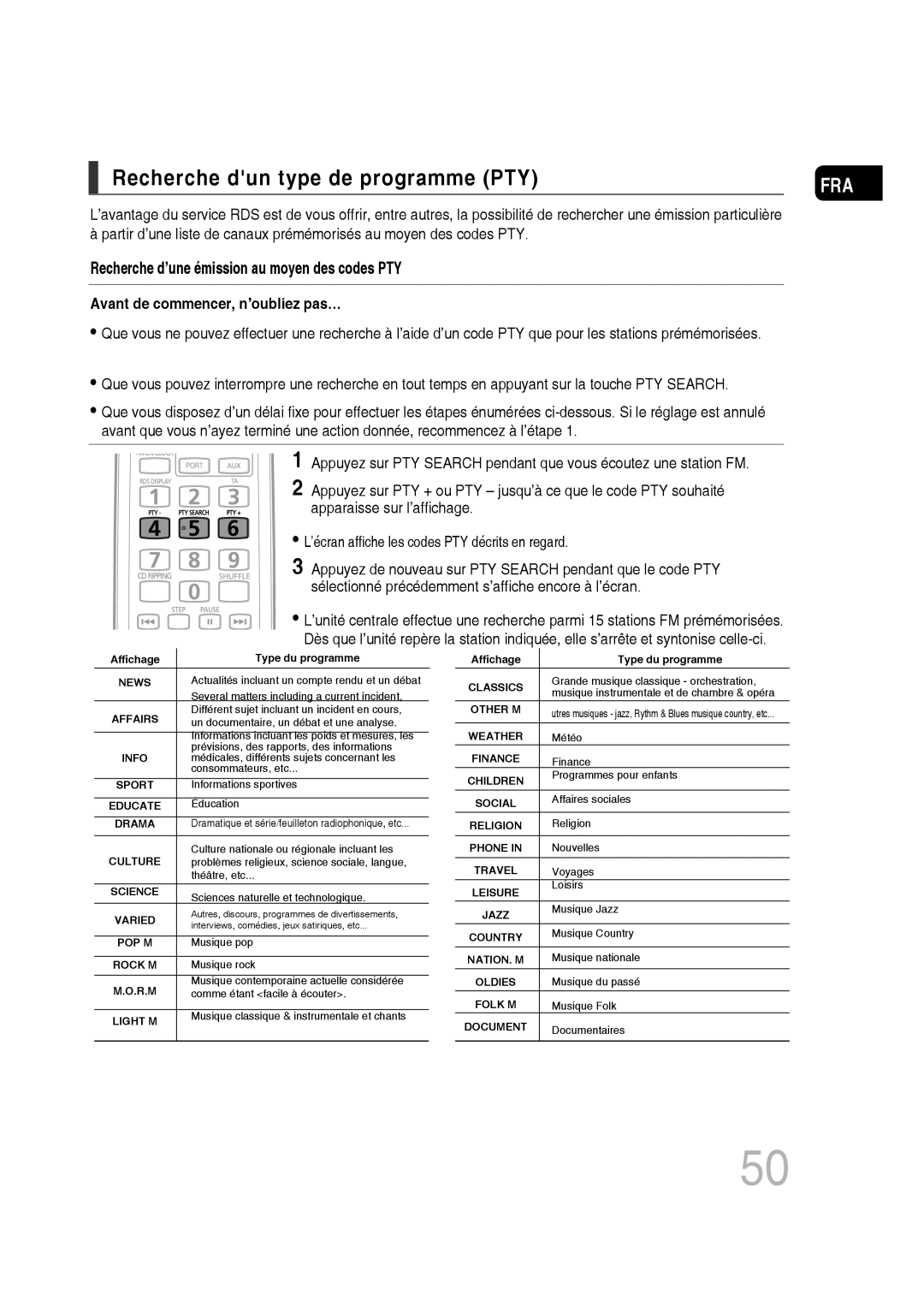 Samsung MM-D430D/ZF, MM-D430D/RU manual Recherche dun type de programme PTY, Avant de commencer, n’oubliez pas… 