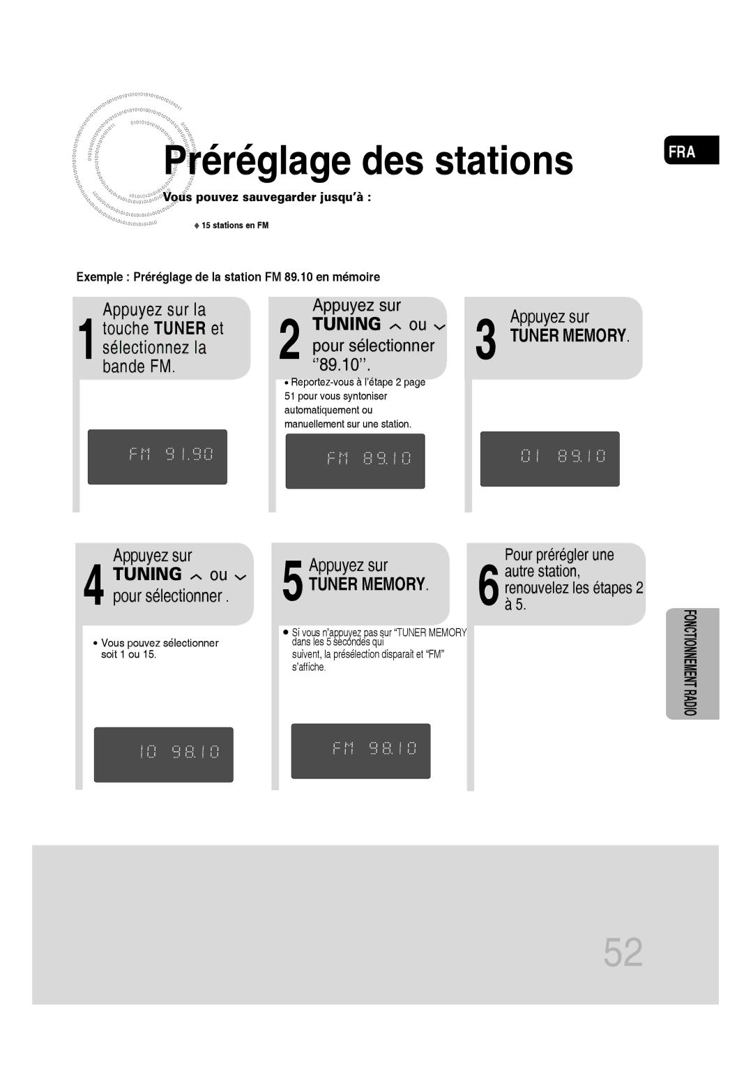 Samsung MM-D430D/ZF manual Préréglage des stations, Appuyez sur la 1touche Tuner et sélectionnez la bande FM, 5Appuyez sur 