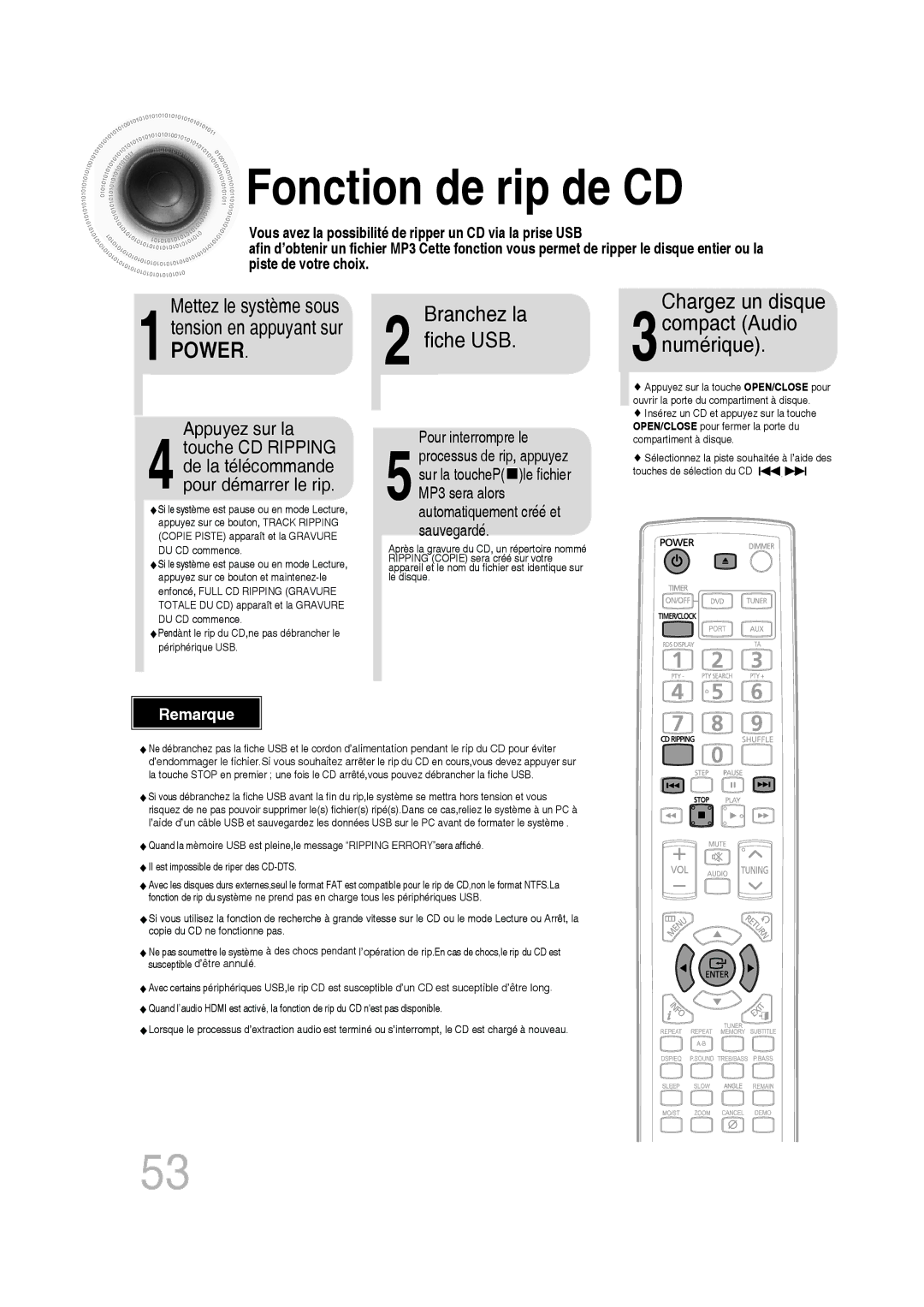 Samsung MM-D430D/RU, MM-D430D/ZF Fonction de rip de CD, Chargez un disque 3compact Audio Numérique, Mettez le système sous 