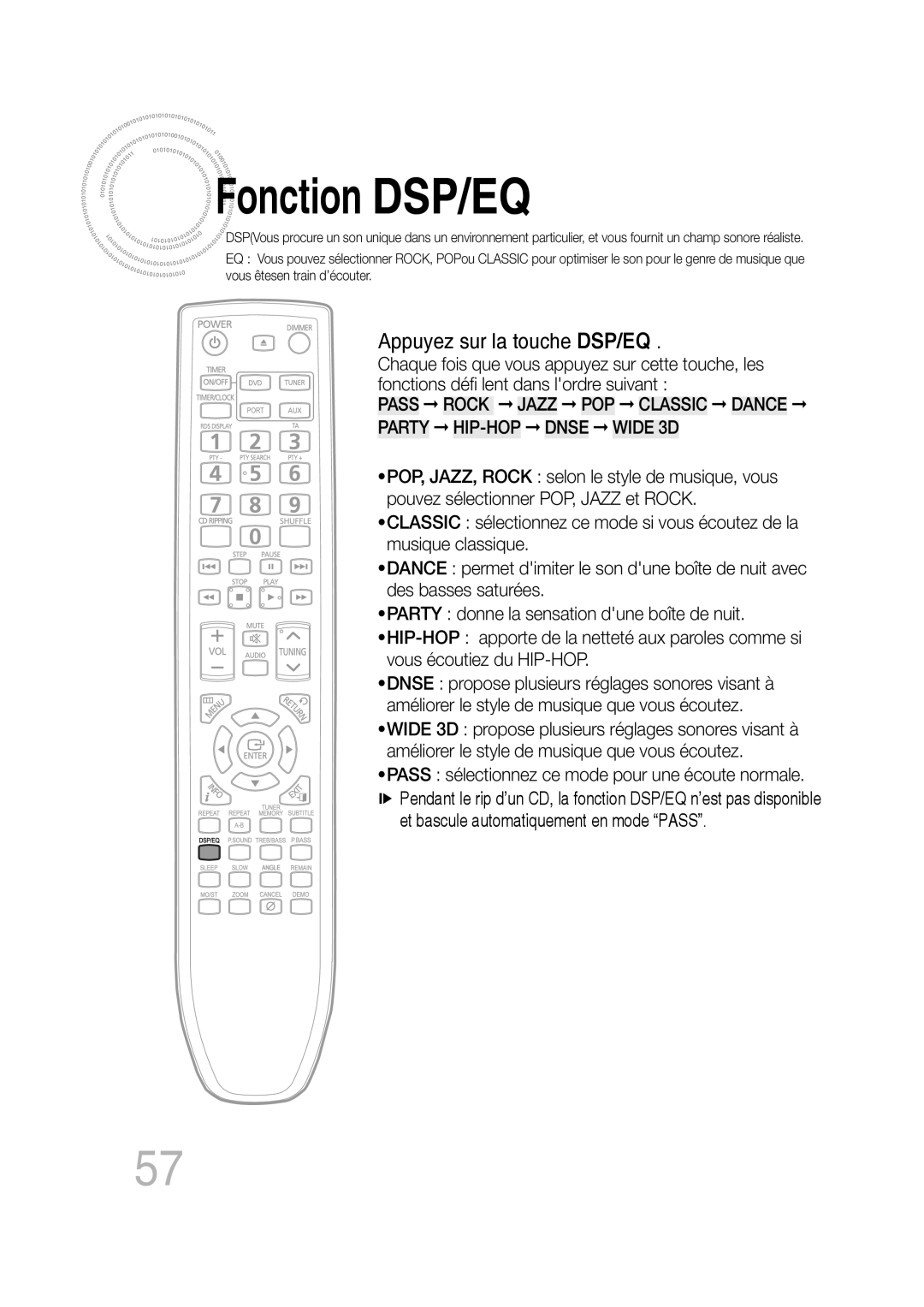 Samsung MM-D430D/RU, MM-D430D/ZF Fonction DSP/EQ, Appuyez sur la touche DSP/EQ, Et bascule automatiquement en mode Pass 