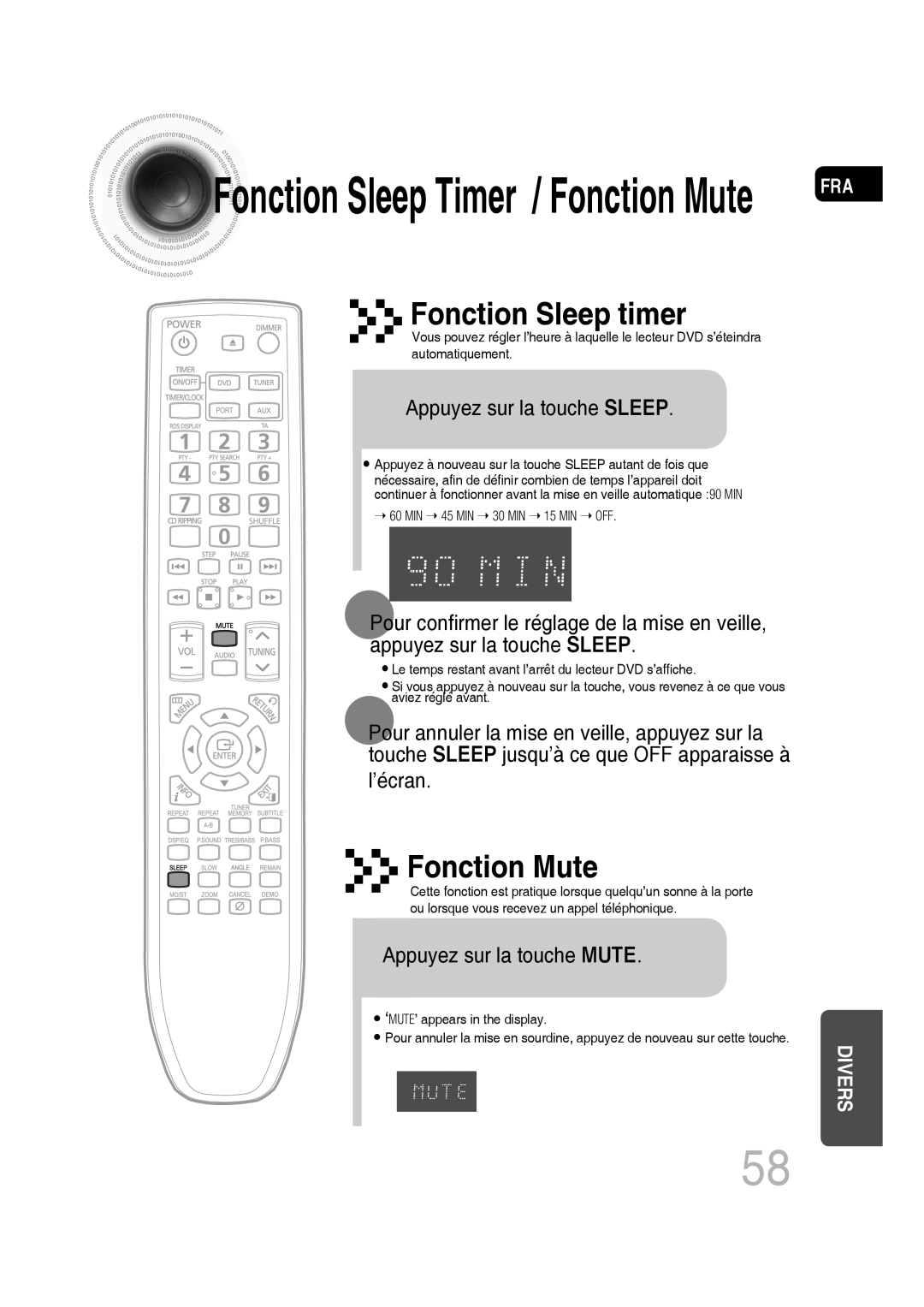 Samsung MM-D430D/ZF Fonction Sleep timer, Fonction Mute, Appuyez sur la touche Sleep, ’écran, Appuyez sur la touche Mute 