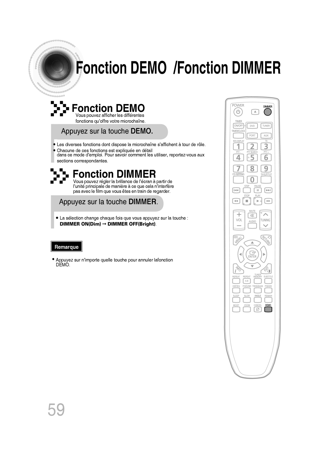 Samsung MM-D430D/RU, MM-D430D/ZF Fonction Demo, Fonction Dimmer, Appuyez sur la touche Demo, Appuyez sur la touche Dimmer 