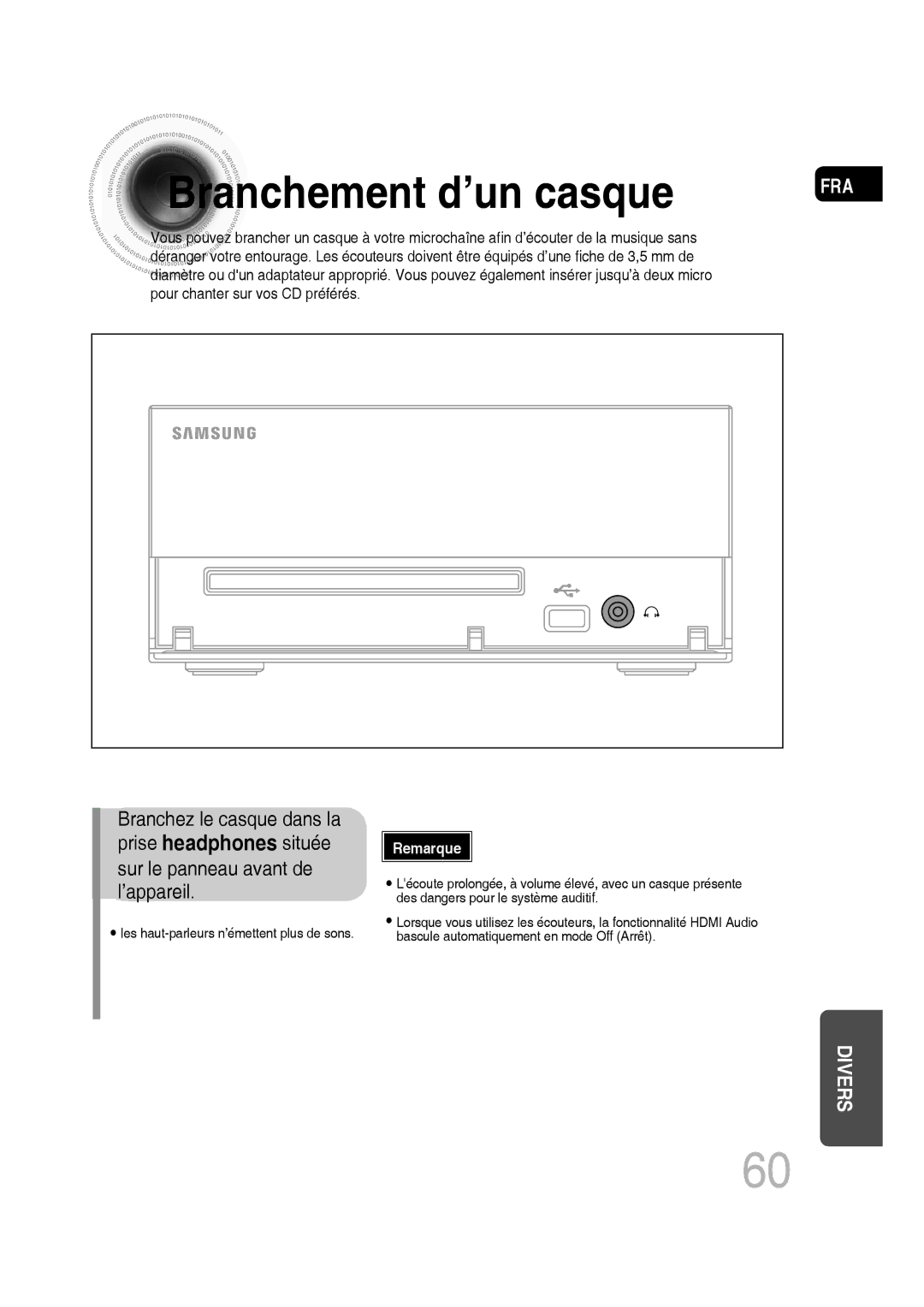 Samsung MM-D430D/ZF, MM-D430D/RU manual Branchement d’un casque 