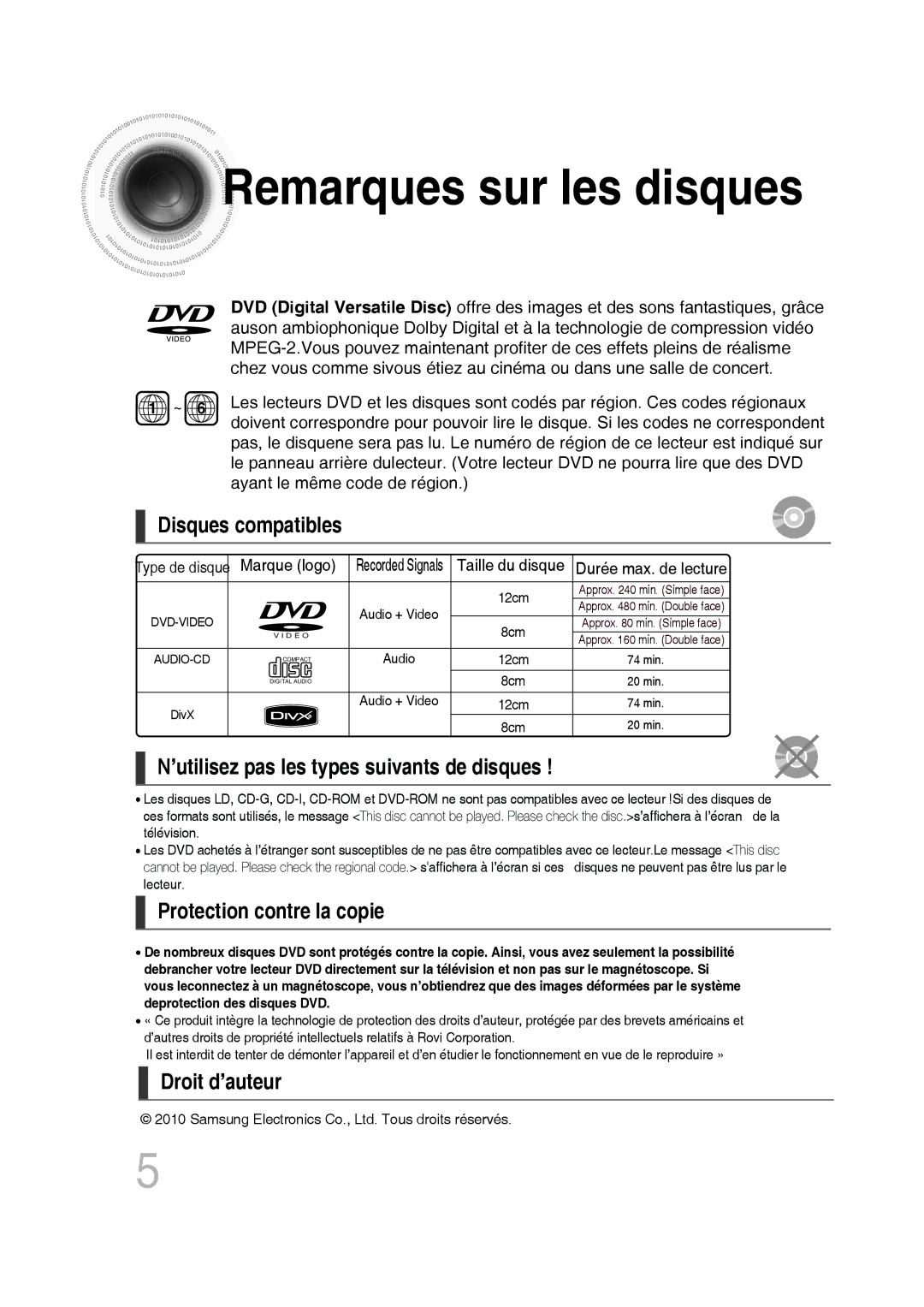 Samsung MM-D430D/RU manual Disques compatibles, ’utilisez pas les types suivants de disques, Protection contre la copie 