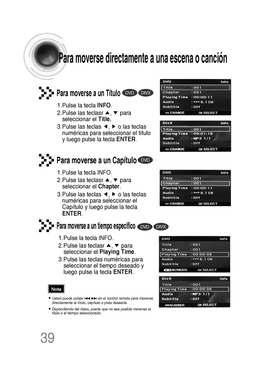 Samsung MM-D430D/ZF, MM-D430D/ZX manual Para moverse a un Título DVD Divx, Para moverse a un Capítulo DVD 