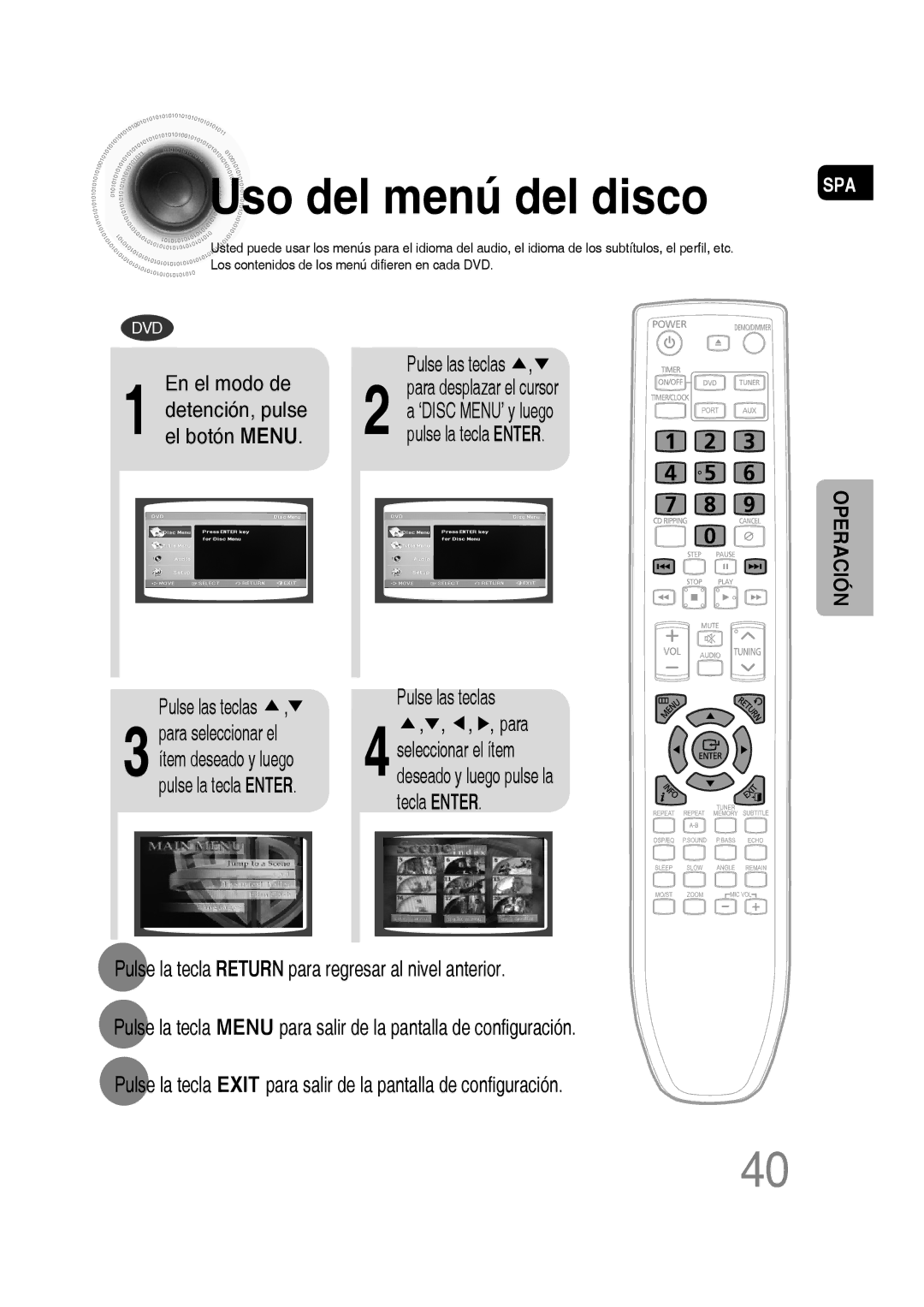 Samsung MM-D430D/ZX, MM-D430D/ZF manual Uso del menú del disco, Pulse la tecla Enter Pulse las teclas 