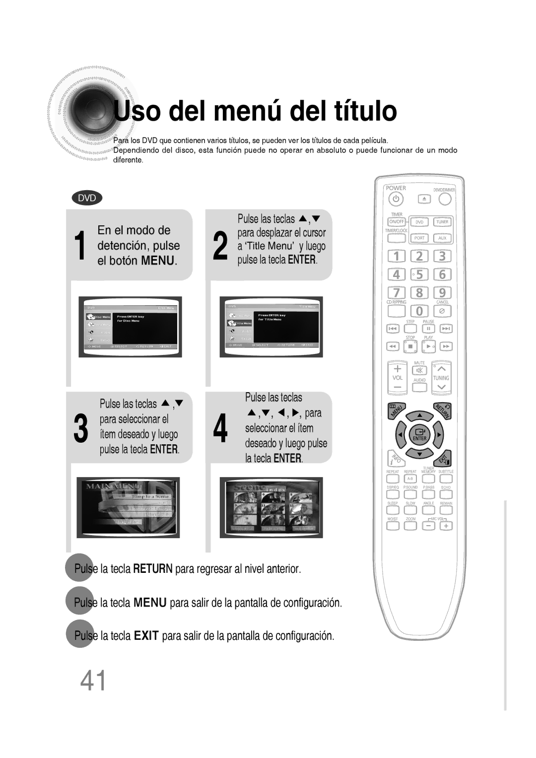 Samsung MM-D430D/ZF, MM-D430D/ZX manual Uso del menú del título, Pulse la tecla Enter, Para 