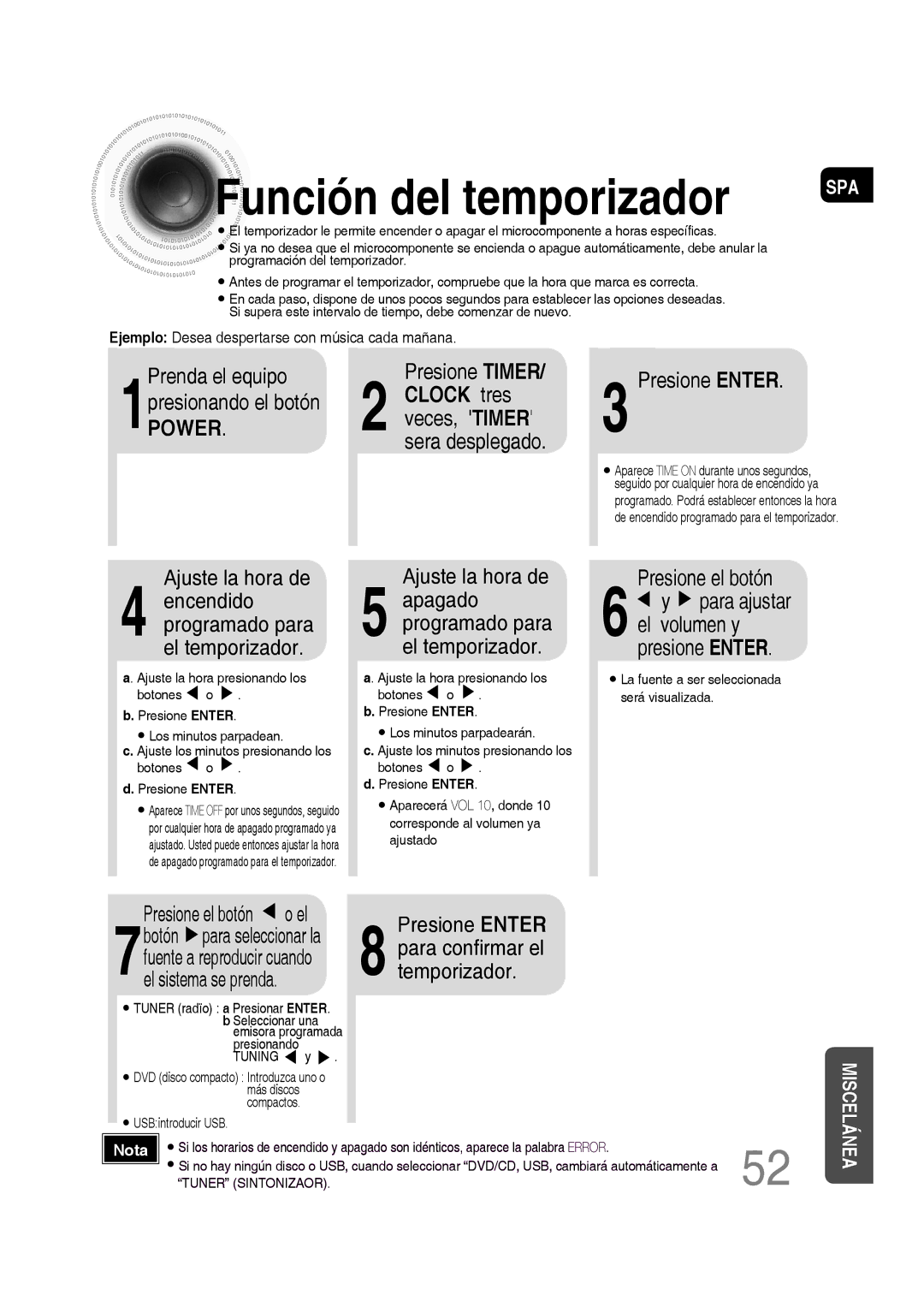 Samsung MM-D430D/ZX, MM-D430D/ZF Función del temporizador, Prenda el equipo, Clock tres, Presione Enter, Ajuste la hora de 