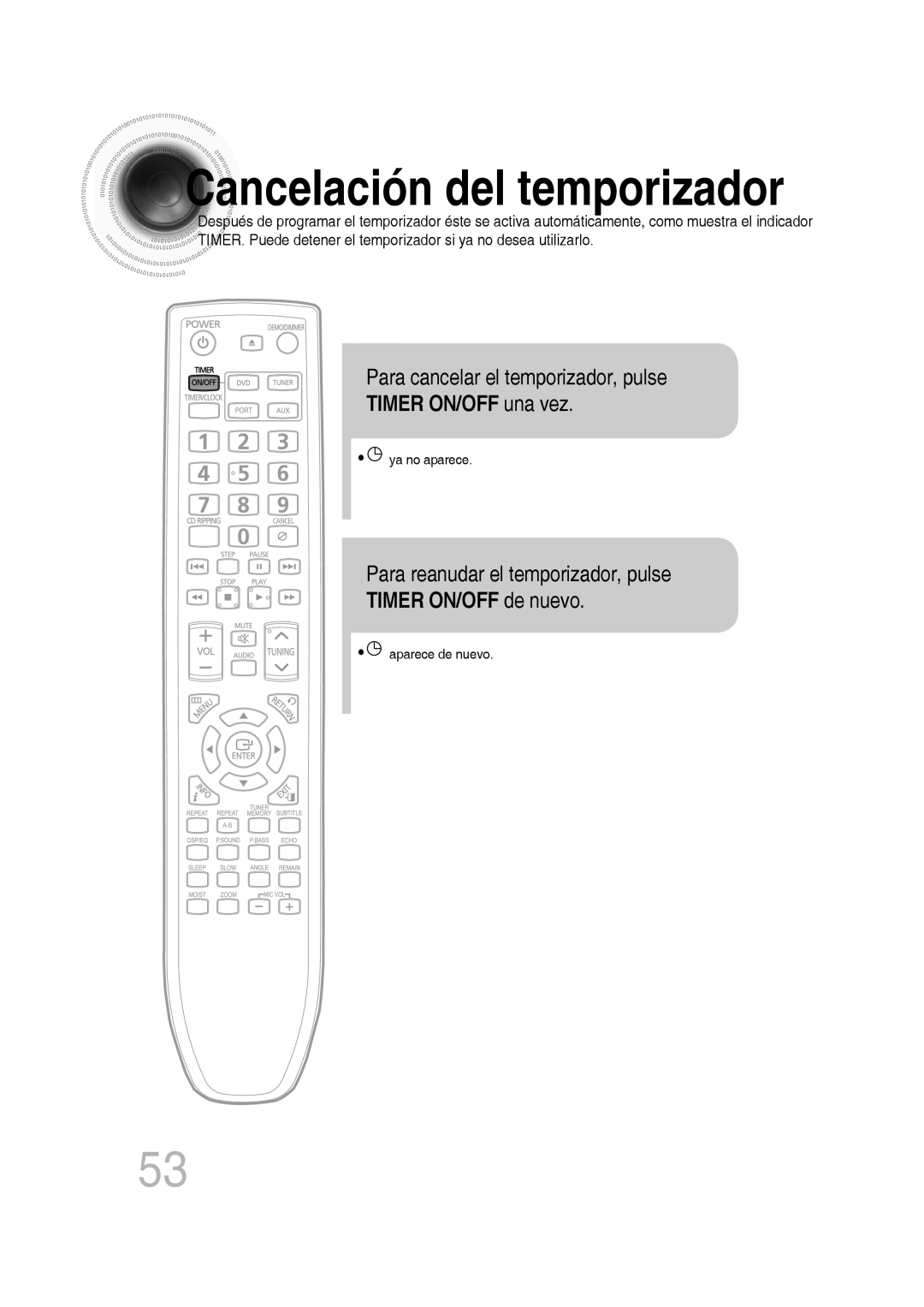 Samsung MM-D430D/ZF manual Para cancelar el temporizador, pulse, Timer ON/OFF una vez, Para reanudar el temporizador, pulse 