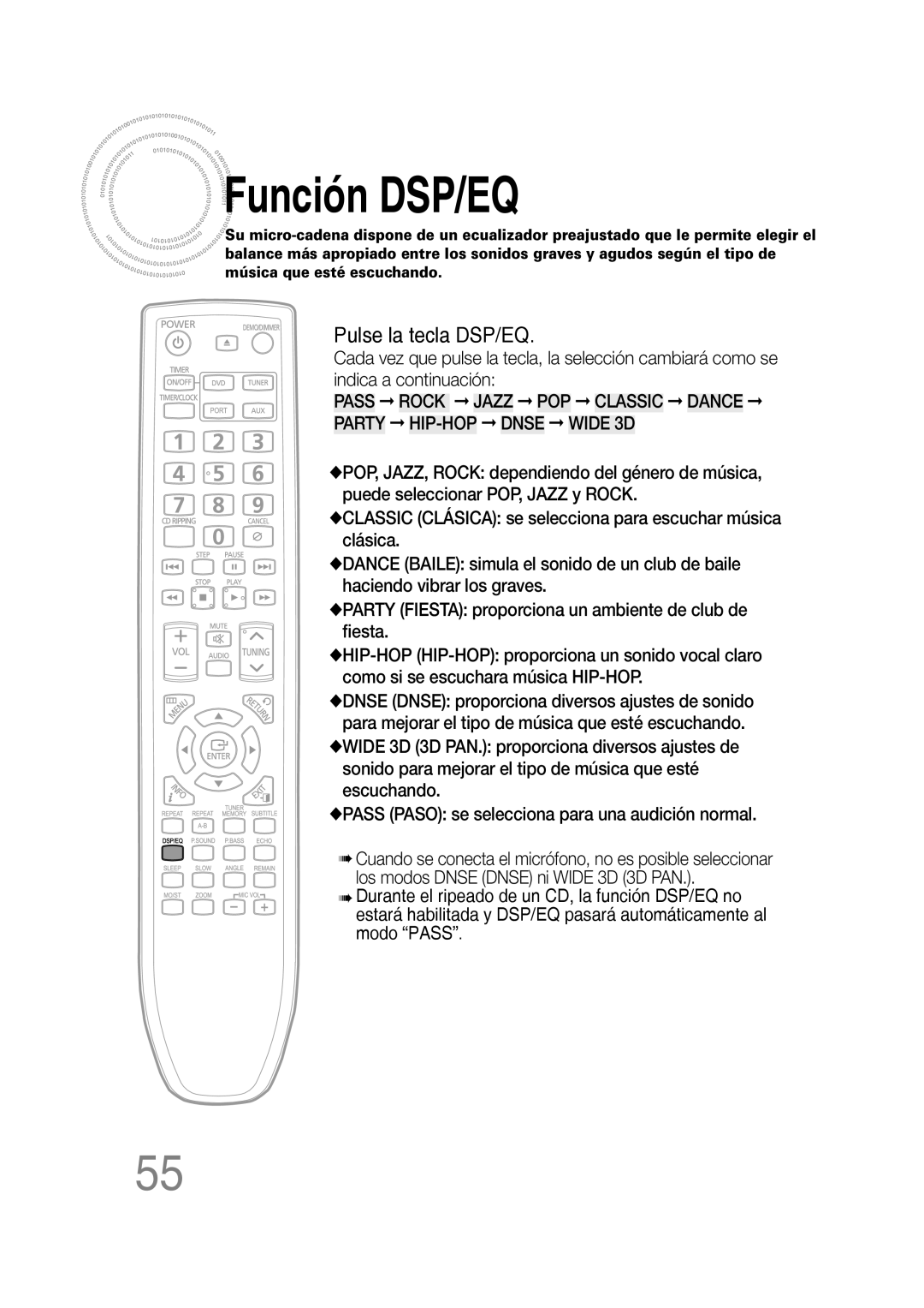 Samsung MM-D430D/ZF, MM-D430D/ZX manual Función DSP/EQ, Pulse la tecla DSP/EQ 