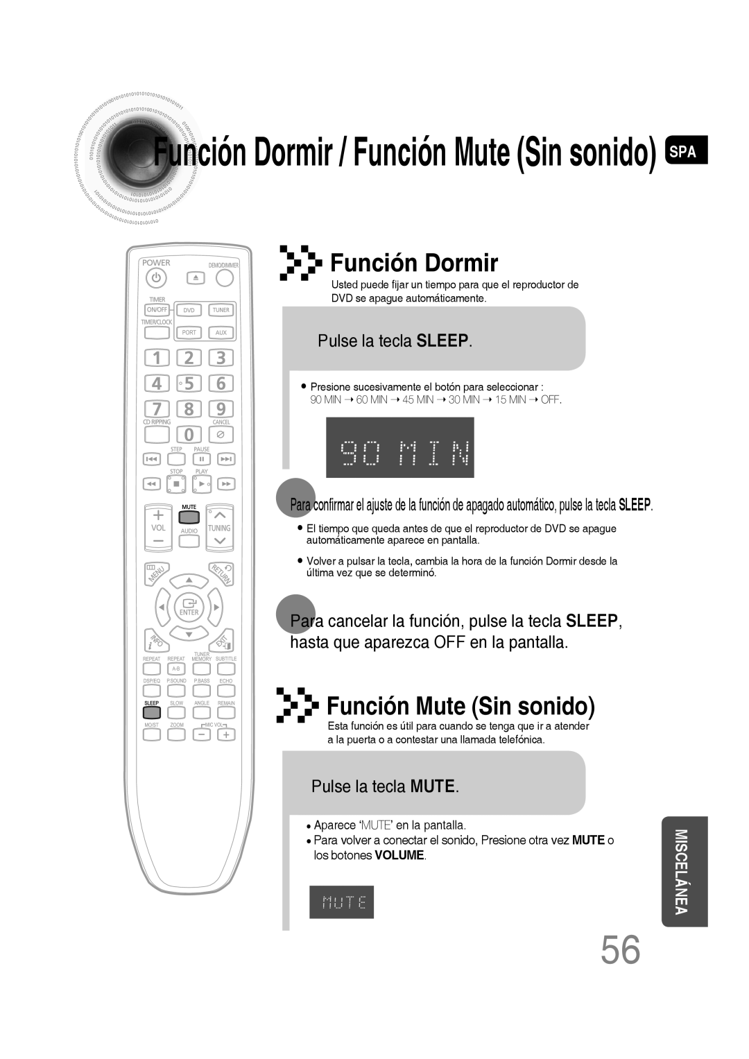 Samsung MM-D430D/ZX, MM-D430D/ZF manual Función Dormir, Función Mute Sin sonido, Pulse la tecla Sleep, Pulse la tecla Mute 