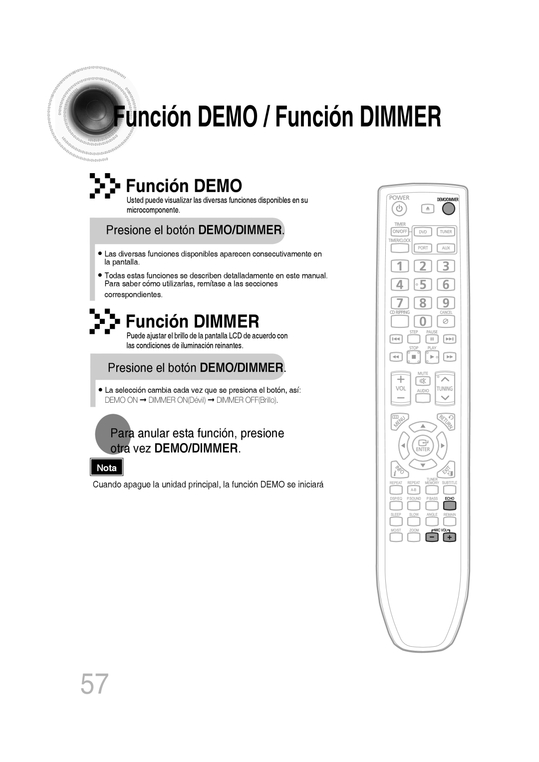 Samsung MM-D430D/ZF, MM-D430D/ZX manual Función Demo, Función Dimmer, Presione el botón DEMO/DIMMER 