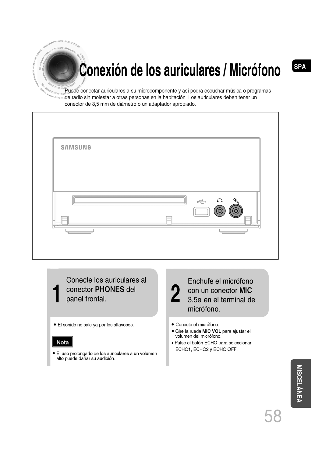 Samsung MM-D430D/ZX, MM-D430D/ZF manual Conecte los auriculares al, Enchufe el micrófono 