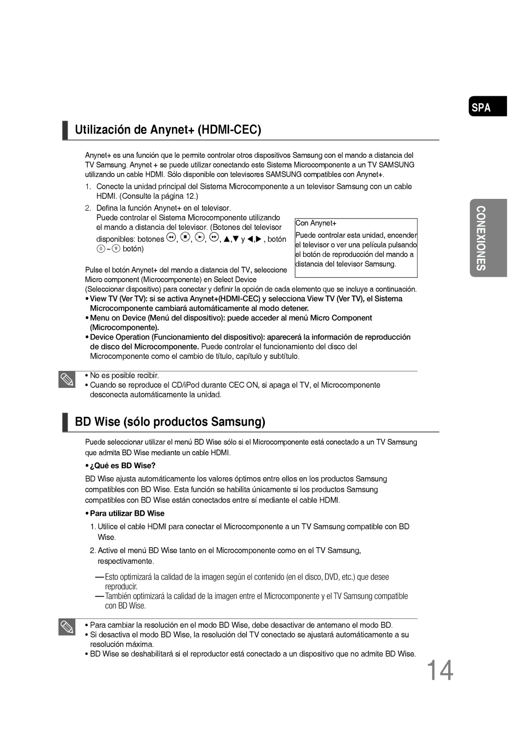 Samsung MM-D430D/ZX, MM-D430D/ZF manual Utilización de Anynet+ HDMI-CEC, BD Wise sólo productos Samsung 