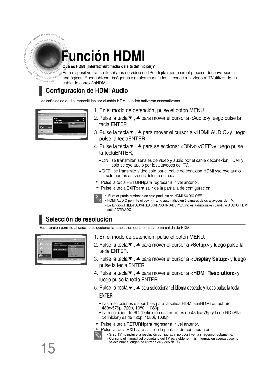 Samsung MM-D430D/ZF, MM-D430D/ZX manual Función Hdmi, Configuración de Hdmi Audio, Selección de resolución, Enter 