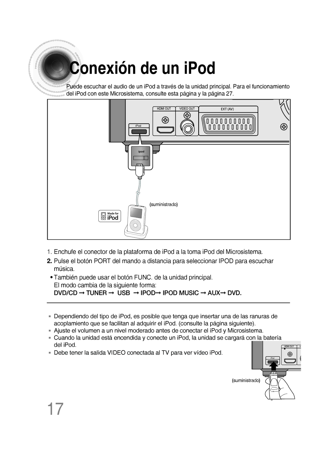 Samsung MM-D430D/ZF, MM-D430D/ZX manual Conexión de un iPod, DVD/CD Tuner USB Ipod Ipod Music AUX DVD 