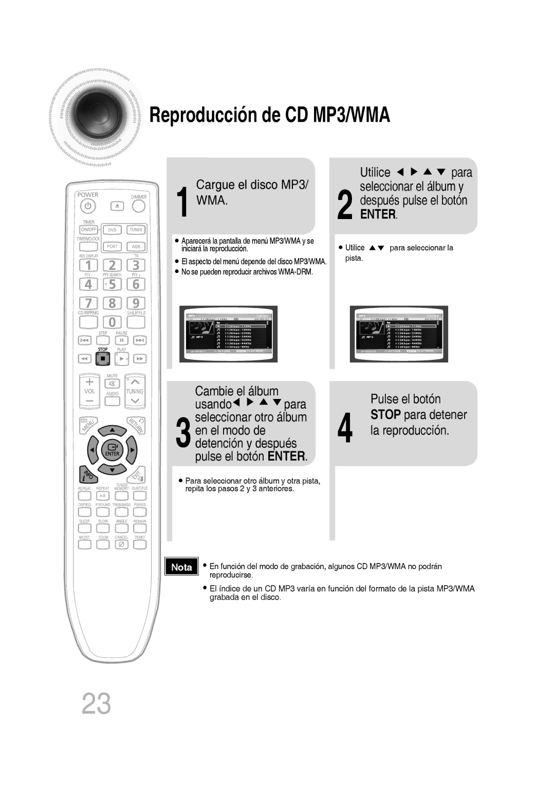 Samsung MM-D430D/ZF, MM-D430D/ZX manual Cargue el disco MP3 WMA, Después pulse el botón, Pulse el botón, Usando Para 