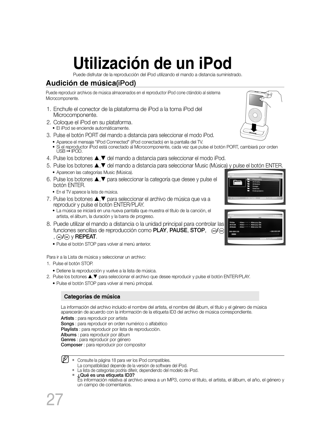 Samsung MM-D430D/ZF, MM-D430D/ZX manual Utilización de un iPod, Audición de músicaiPod 