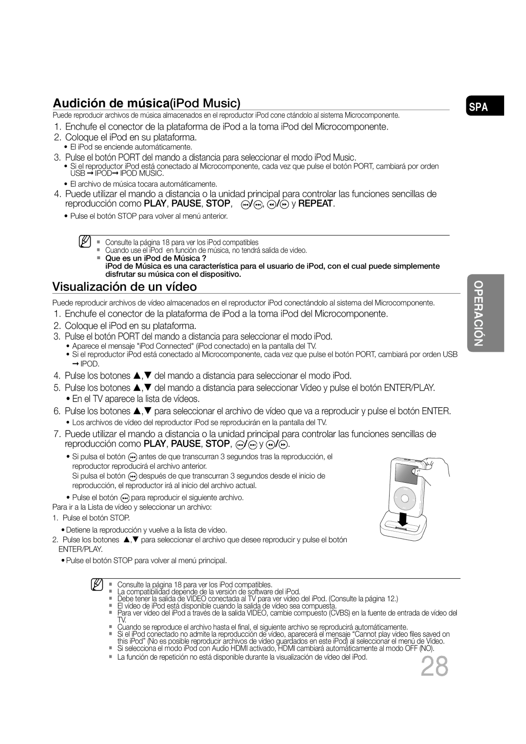 Samsung MM-D430D/ZX, MM-D430D/ZF manual Audición de músicaiPod Music, Visualización de un vídeo 