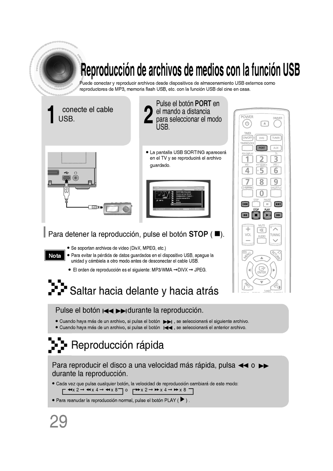 Samsung MM-D430D/ZF manual Conecte el cable USB Pulse el botón Port en, Para detener la reproducción, pulse el botón Stop 