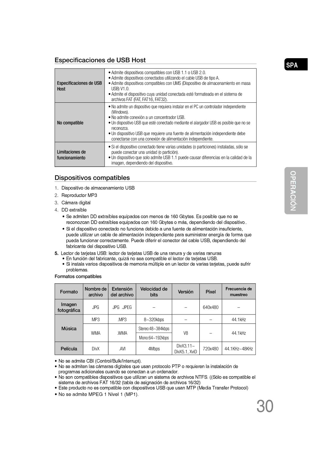 Samsung MM-D430D/ZX, MM-D430D/ZF manual Especiﬁcaciones de USB Host 