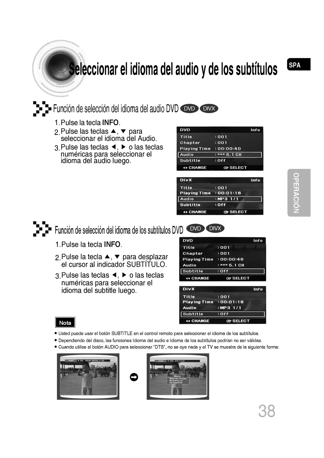 Samsung MM-D430D/ZX, MM-D430D/ZF manual Seleccionar el idioma del audio y de los subtítulos SPA 