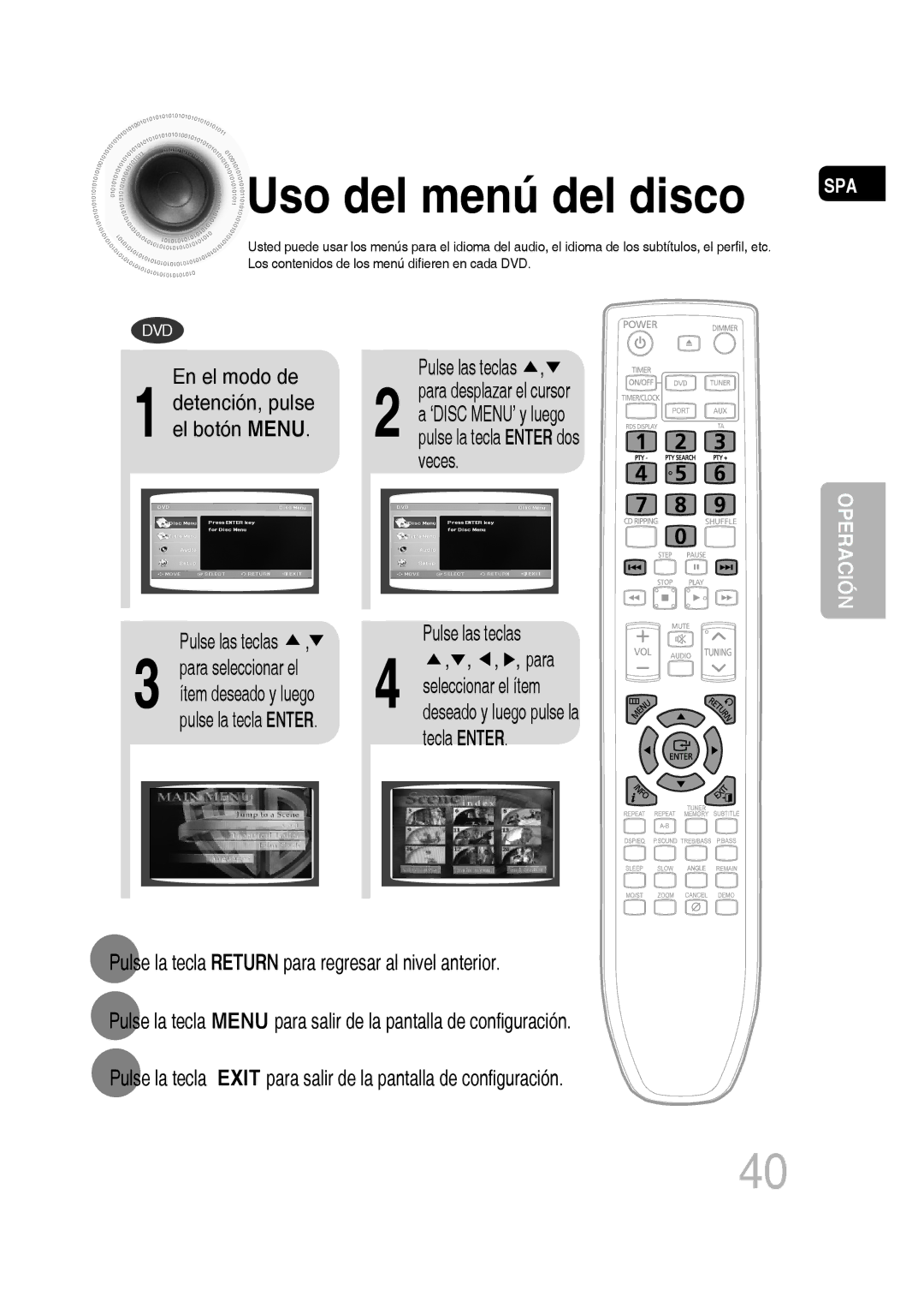 Samsung MM-D430D/ZX, MM-D430D/ZF manual Uso del menú del disco 