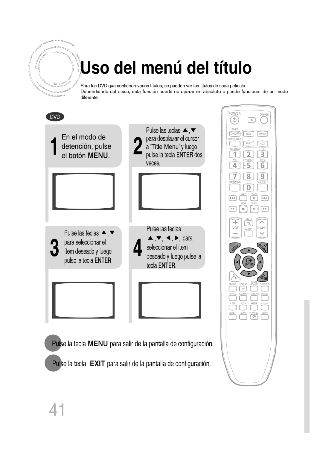 Samsung MM-D430D/ZF manual Uso del menú del título, Veces Pulse las teclas, 1En el modo de detención, pulse el botón Menu 