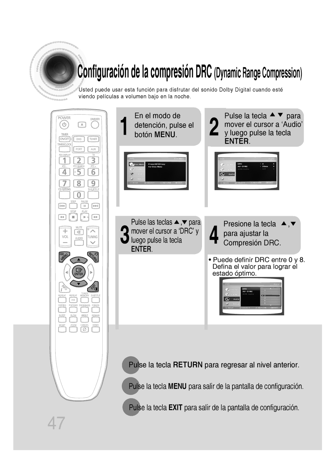 Samsung MM-D430D/ZF manual Pulse la tecla para, Pulse las teclas , para, Compresión DRC, Detención, pulse el botón Menu 