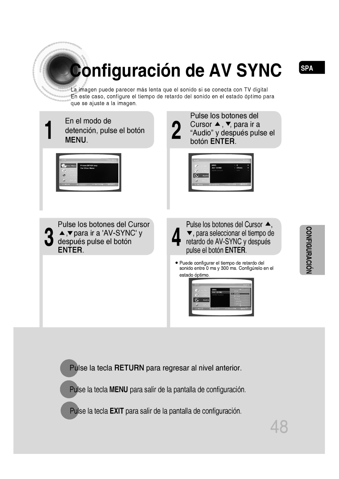 Samsung MM-D430D/ZX, MM-D430D/ZF manual Configuración de AV Sync, Menu, Botón Enter, Audio y después pulse el 