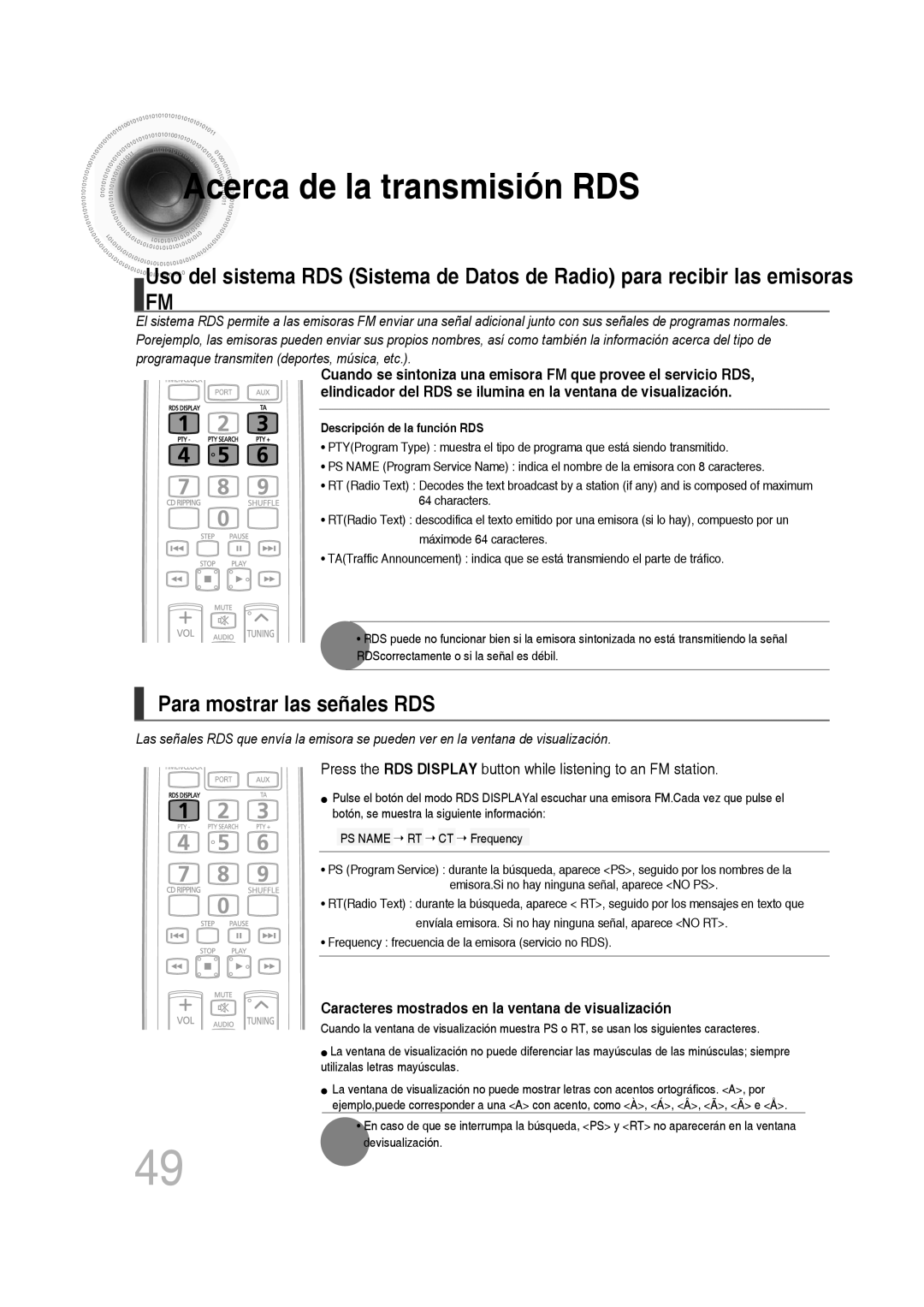 Samsung MM-D430D/ZF, MM-D430D/ZX manual Acerca de la transmisión RDS, Para mostrar las señales RDS 