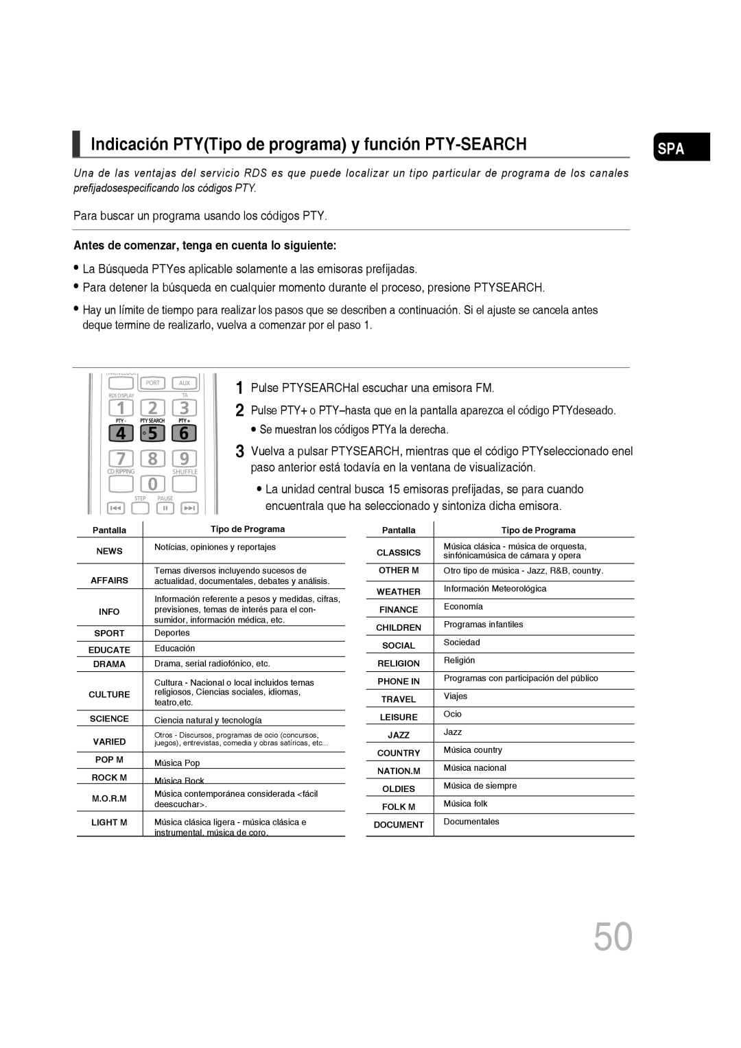 Samsung MM-D430D/ZX Indicación PTYTipo de programa y función PTY-SEARCH, Antes de comenzar, tenga en cuenta lo siguiente 